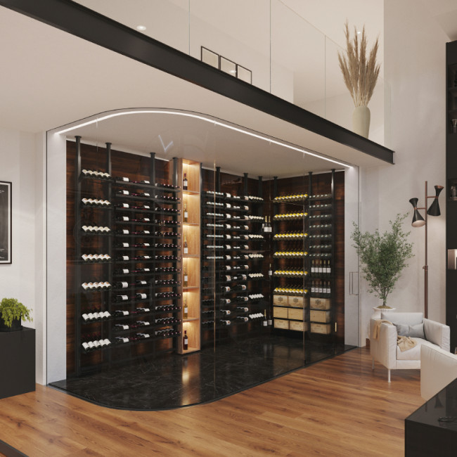 Minimal glass wine wall with dark timber bottle storage