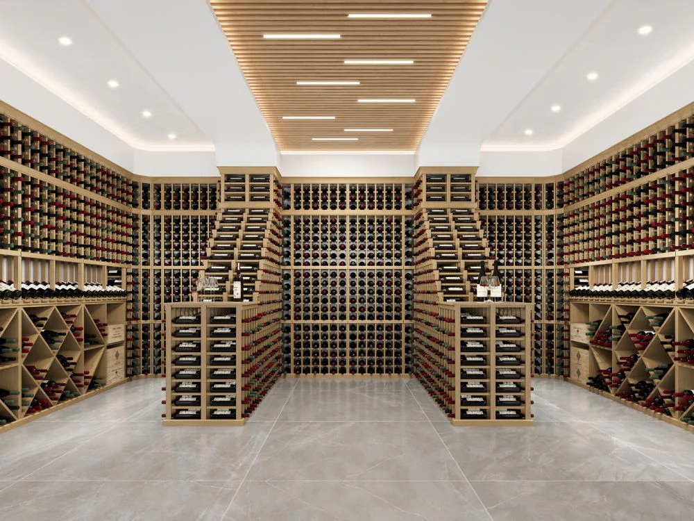 Expansive light-oak wine cellar with symmetrical storage aisles