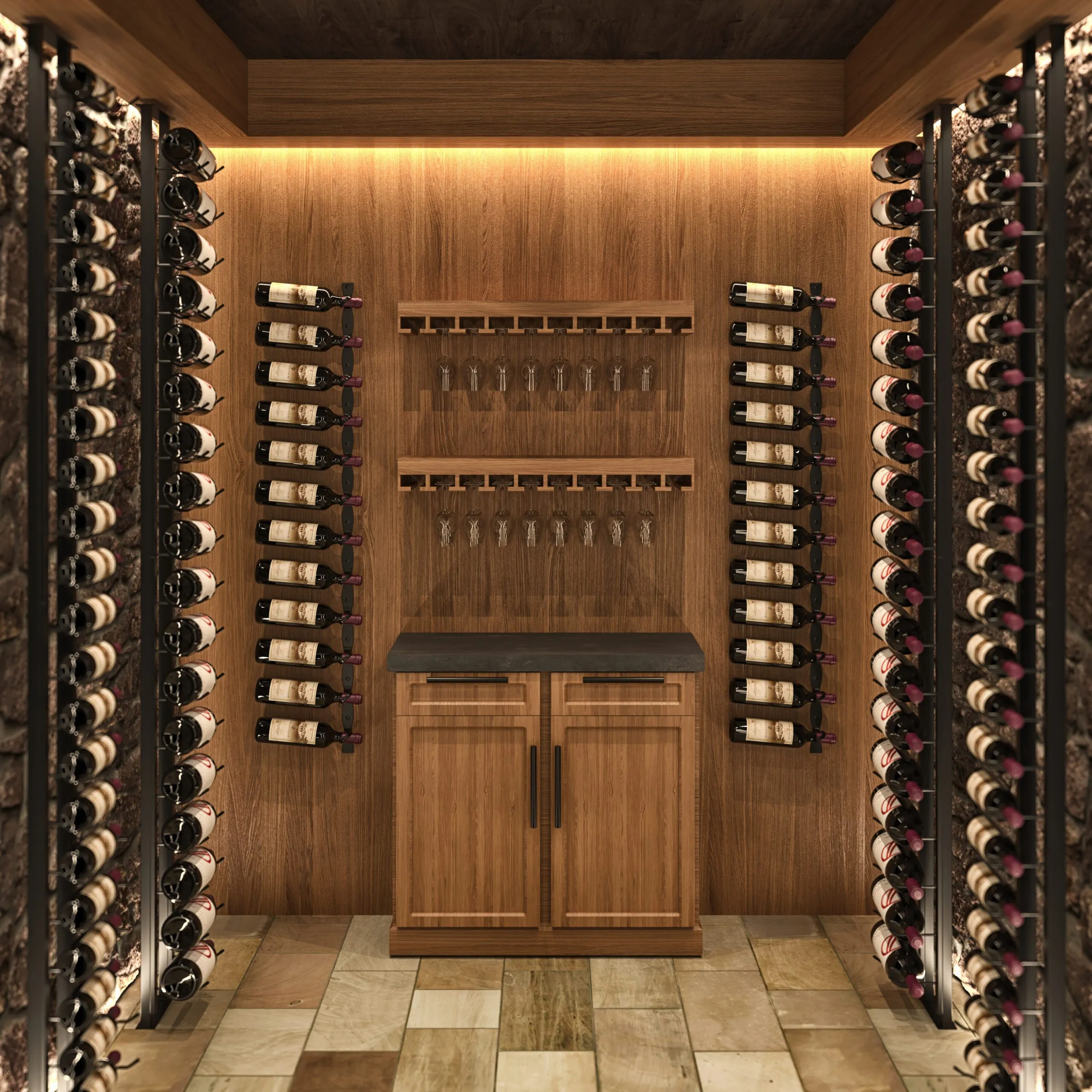 Oak tasting alcove with wall-mounted bottles and hanging glasses