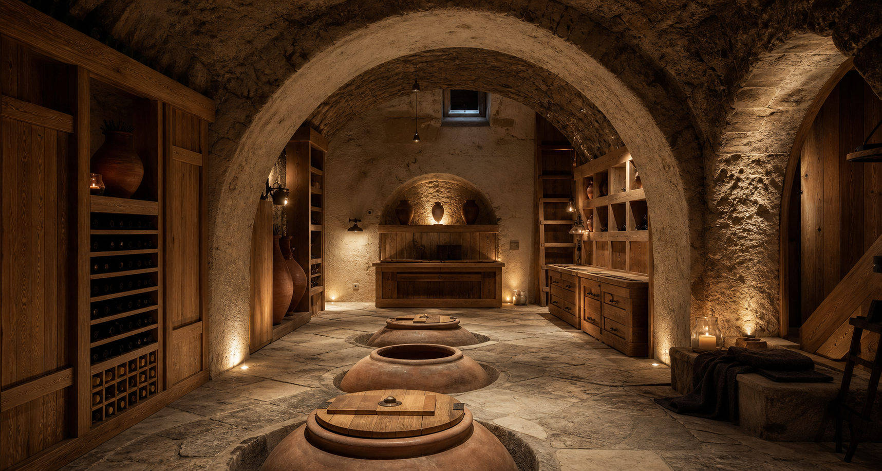 Traditional stone Marani with oak furniture and qvevri