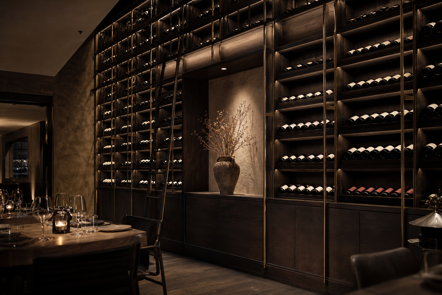 Floor-to-ceiling wine wall in dark oak and aged brass