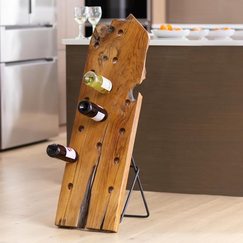 Sculptural live-edge timber bottle stand